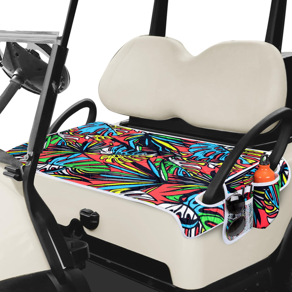 PGmoon golf cart seat cover on a two-person seat provides protection during rides.