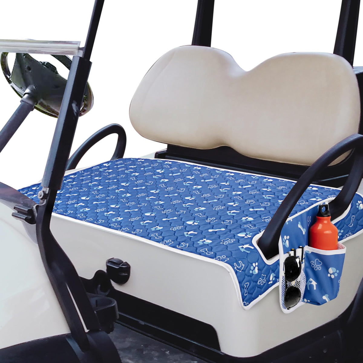 PGmoon golf cart seat covers on EZGO cart protecting seats from wear and spills