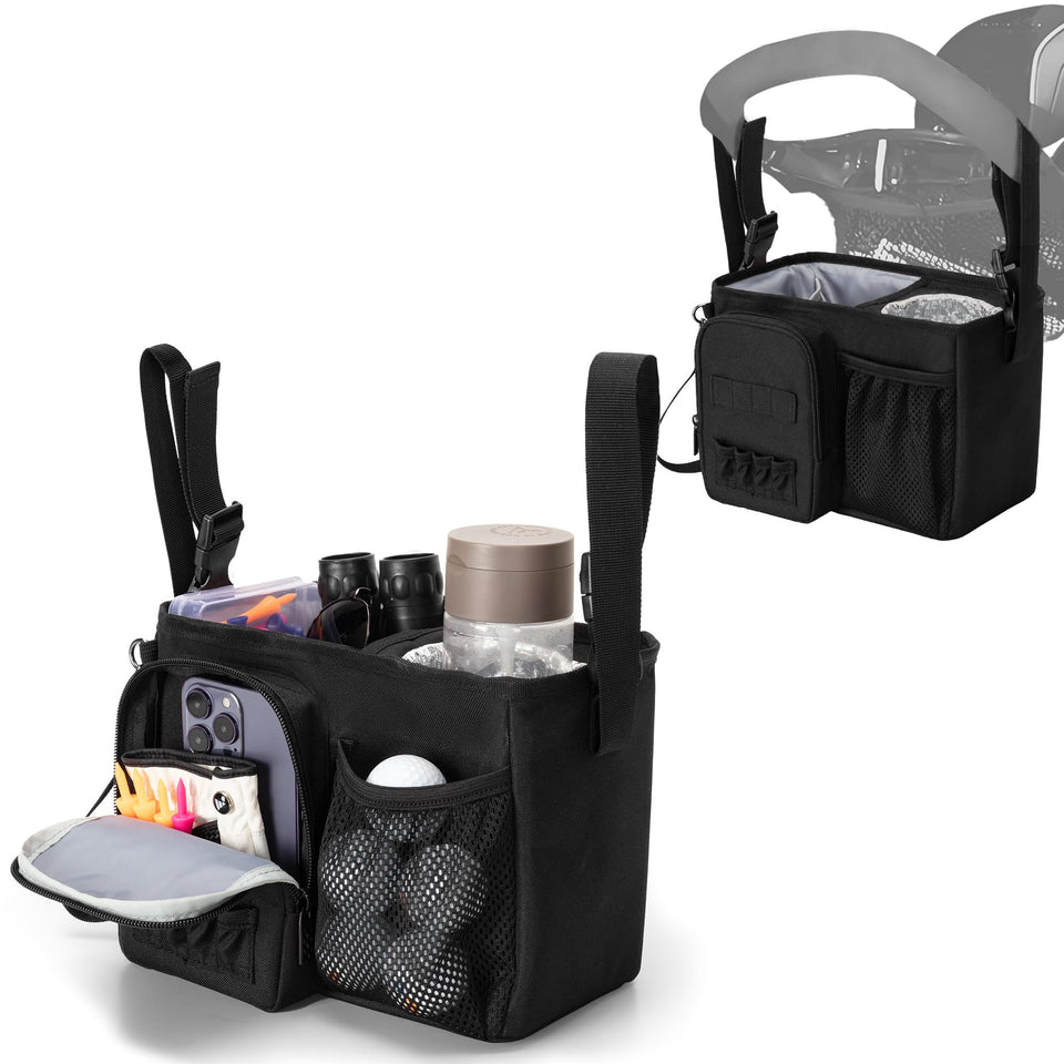 PGmoon golf push cart organizer bag mounted on a cart for quick access.