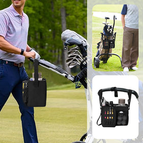PGmoon cart installation shows secure attachment to most golf push carts.