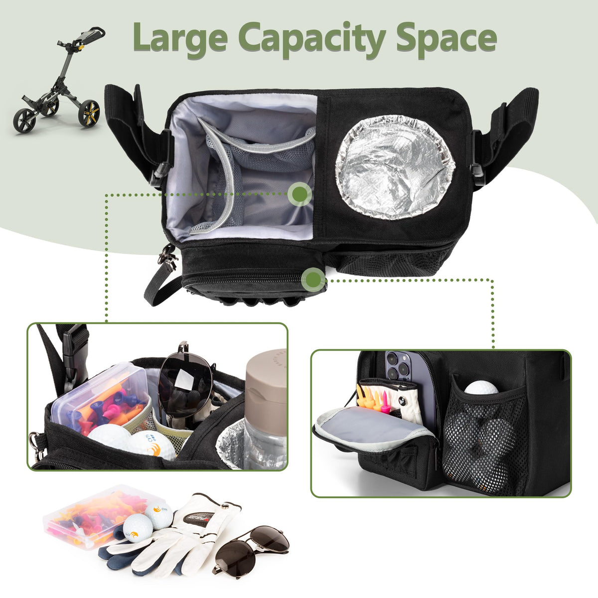 PGmoon insulated cup holder keeps beverages cold during a round.