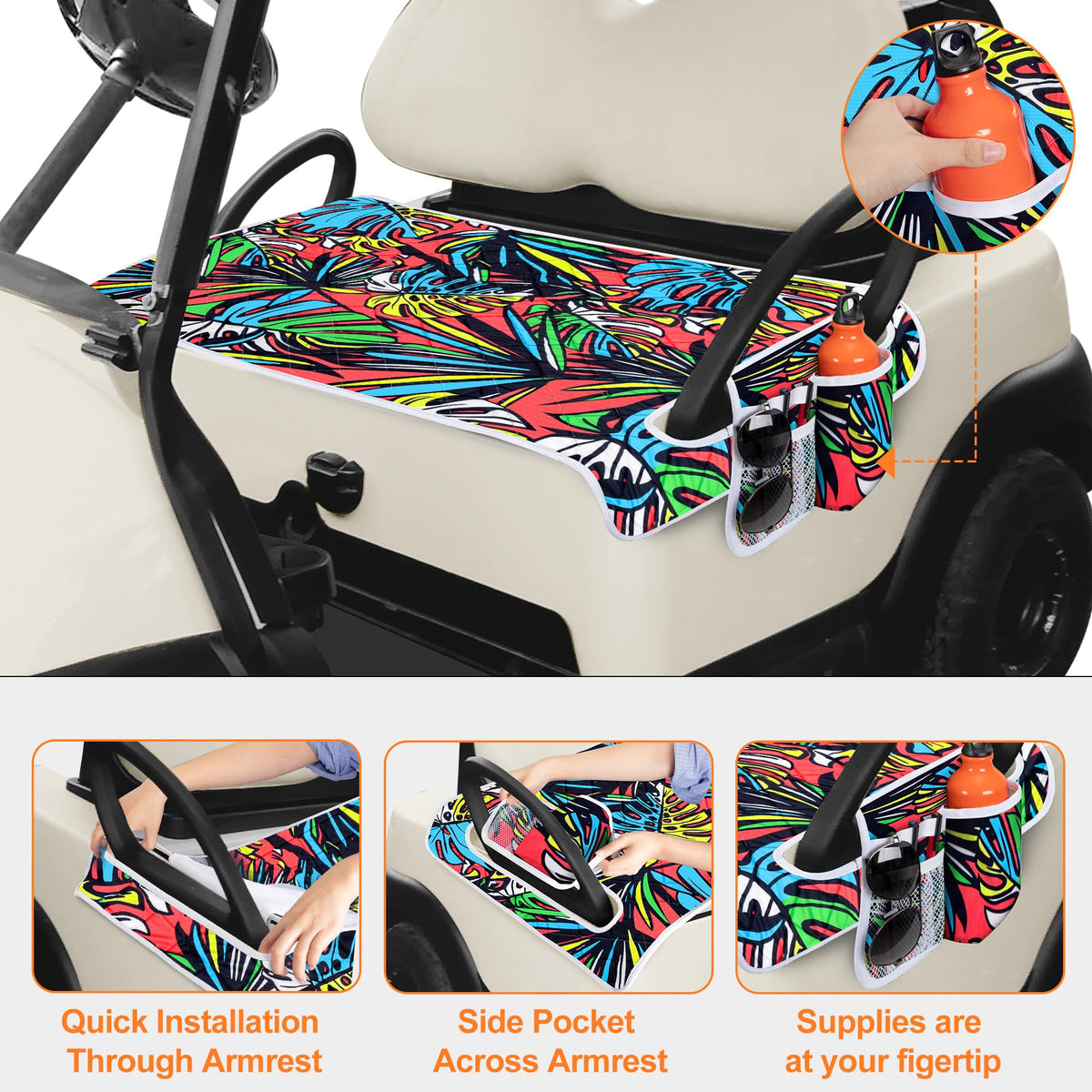 PGmoon side pockets keep sunglasses, balls, gloves organized during rounds.