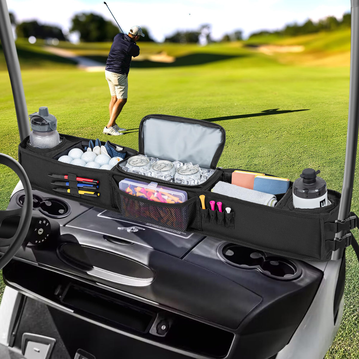 PGmoon universal-fit front storage tray fits EZGO, Club Car, and Kandi carts.