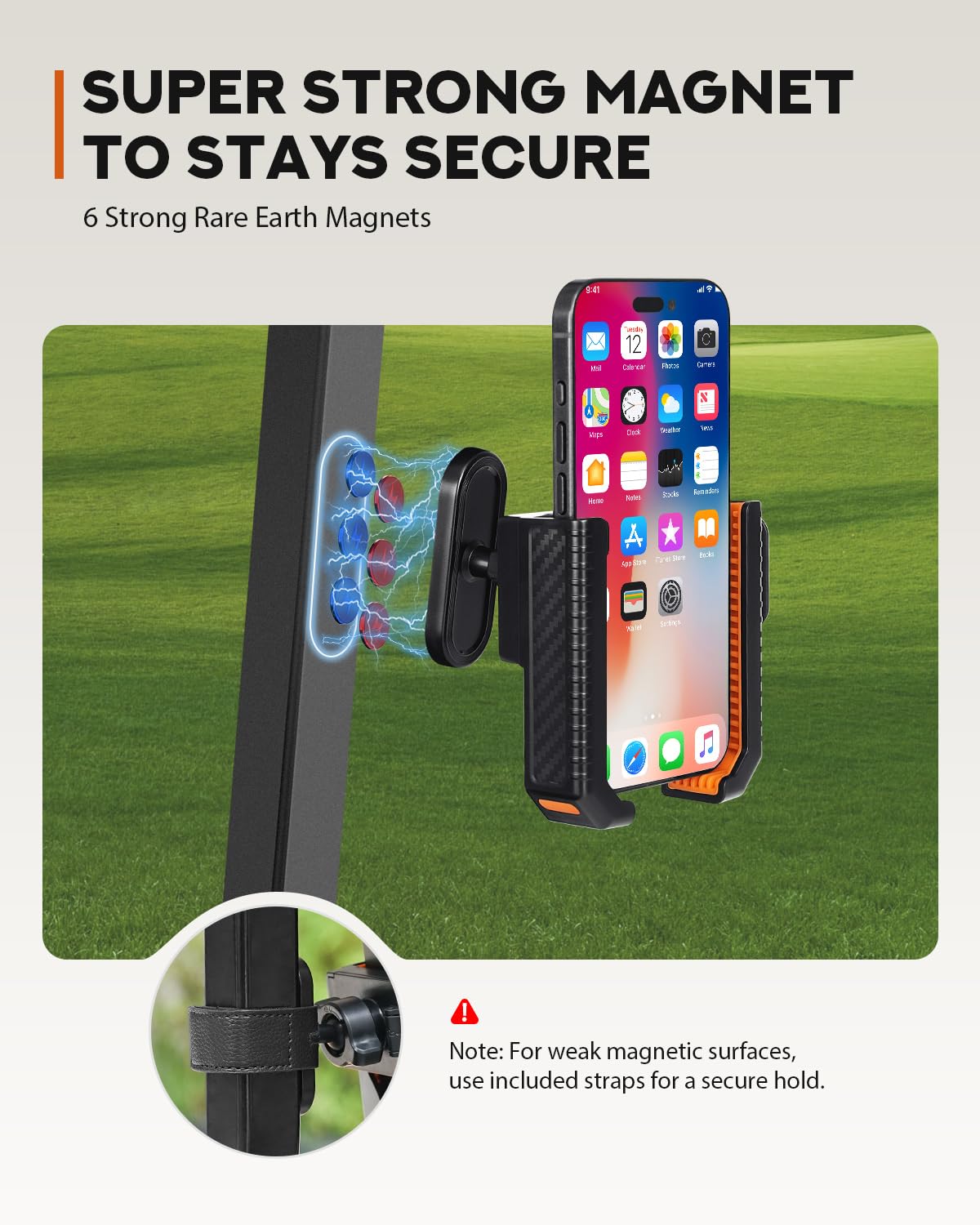PHCOHIDO secure magnetic hold with safety strap keeps your phone steady.
