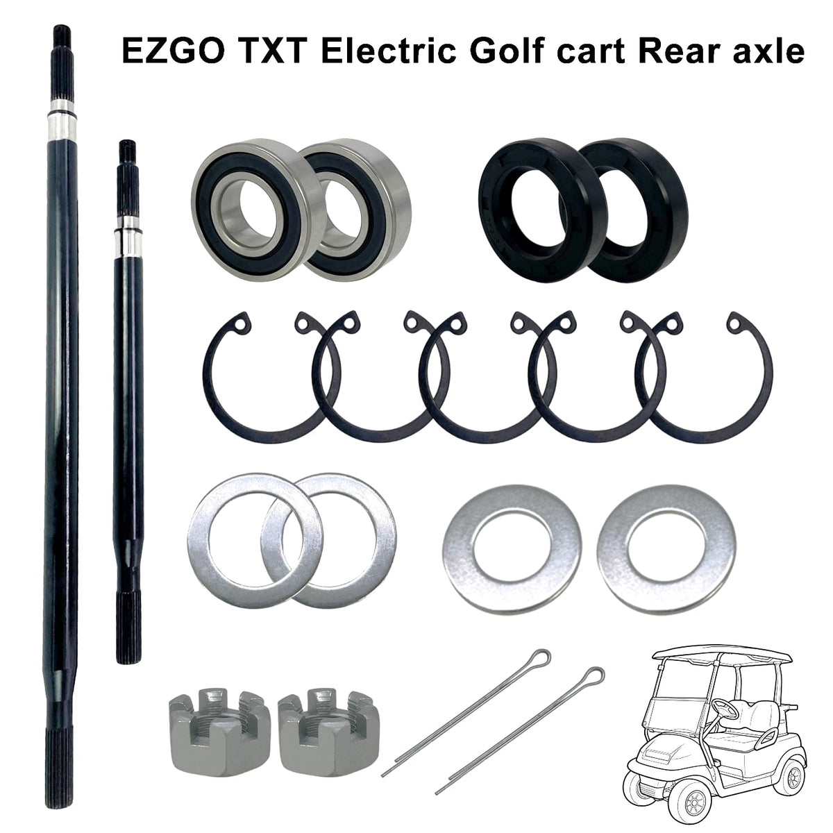 Phoddar ezgo rear axle install kit includes bearings and seals.