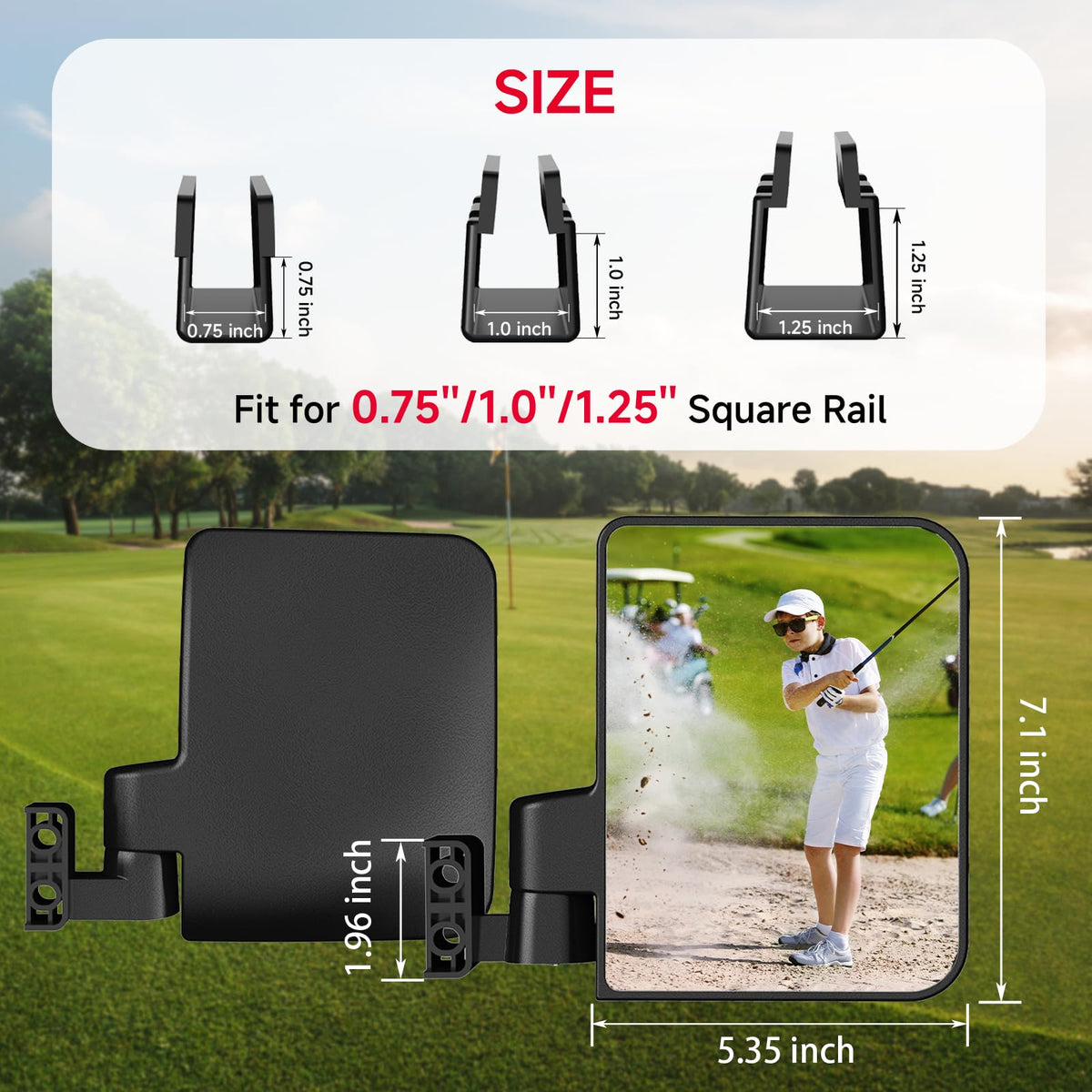 Piclafe side mirror viewed from side angle shows adjustable fit for different carts.