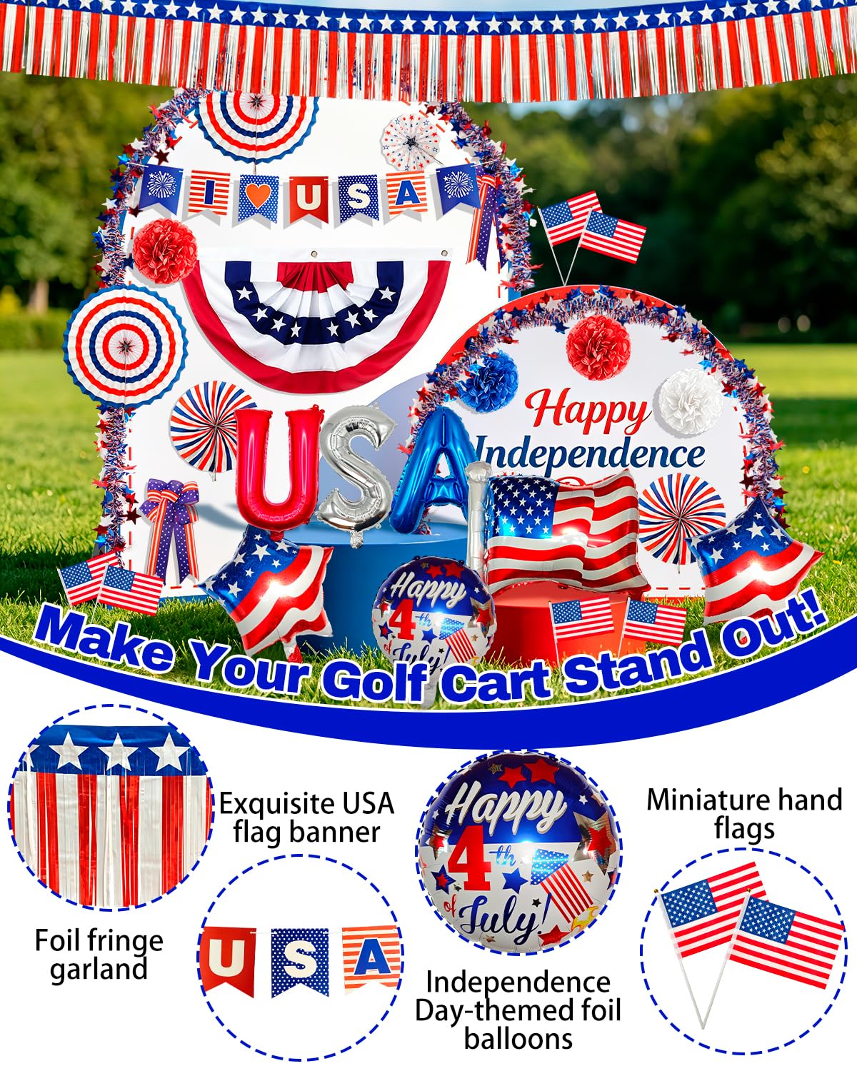 Piemow bows decorate rails for a polished Fourth of July look.