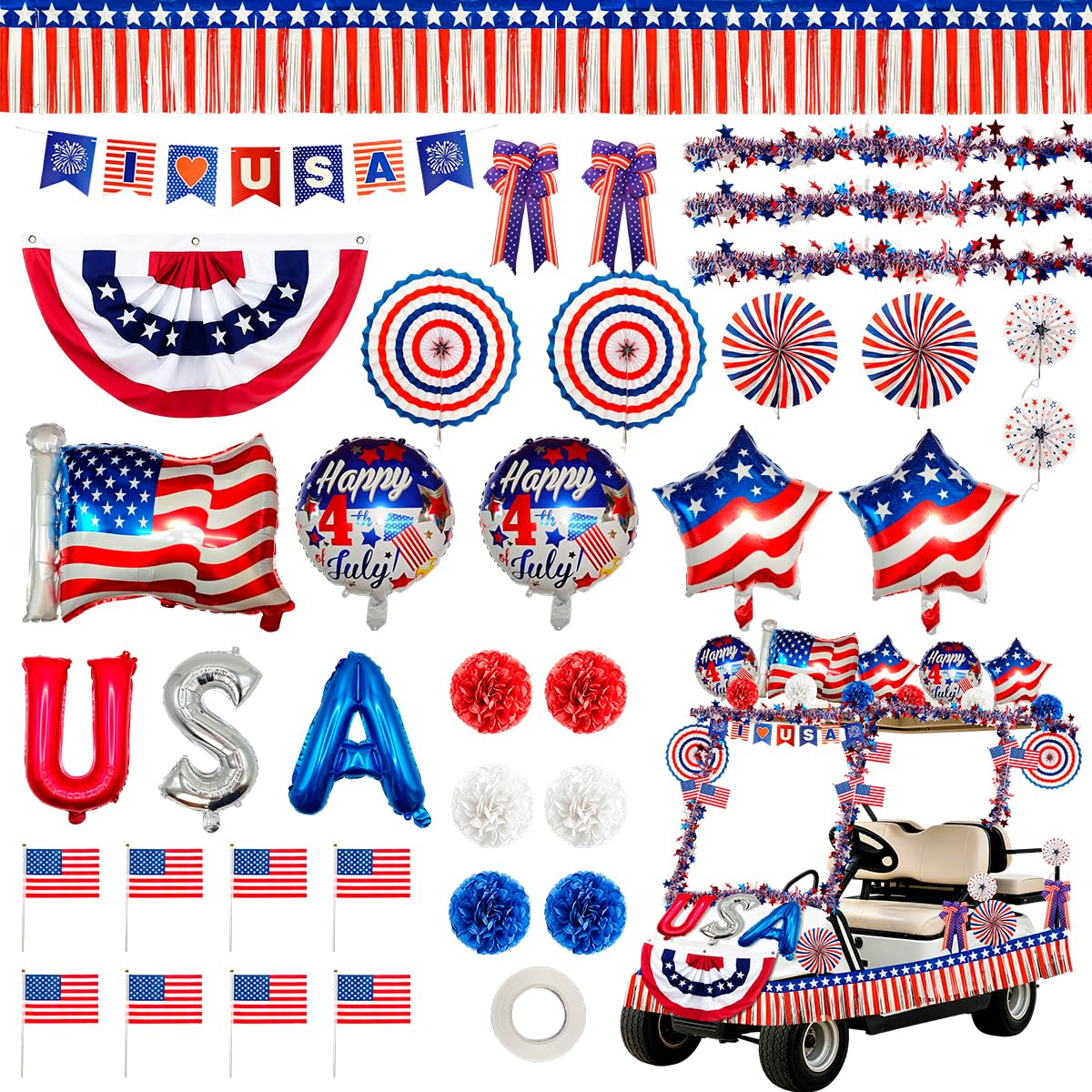 Piemow pleated flag banner enhances Independence Day display on golf cart.