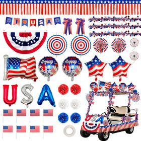 Piemow pleated flag banner enhances Independence Day display on golf cart.