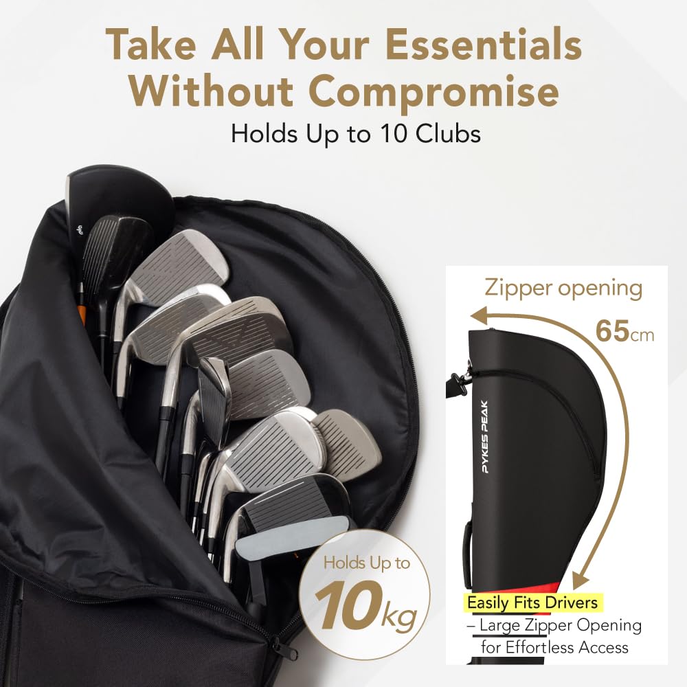 PYKES PEAK Golf Club Case stores up to 10 clubs for efficient practice.