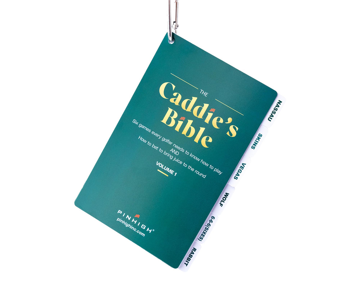 Pinhigh The Caddie's Bible on bag clip for quick course rule access.