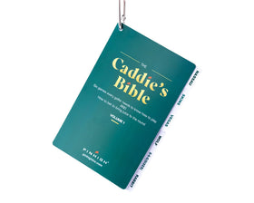 Pinhigh The Caddie's Bible on bag clip for quick course rule access.