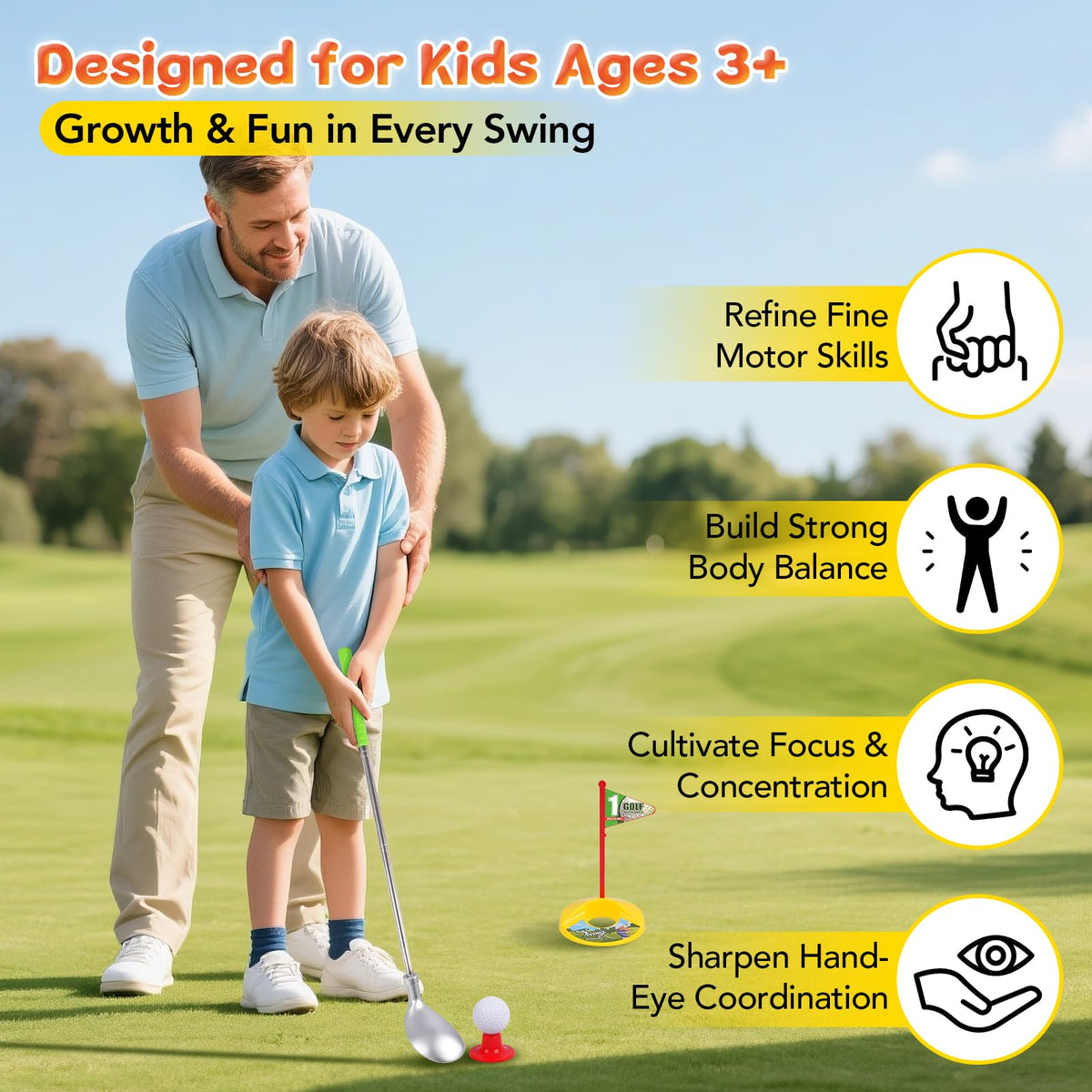 Pinkpeach golf mat with multiple holes supports indoor practice.