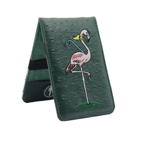 PINKTEE leather scorecard holder close-up reveals premium texture and embroidery detail.