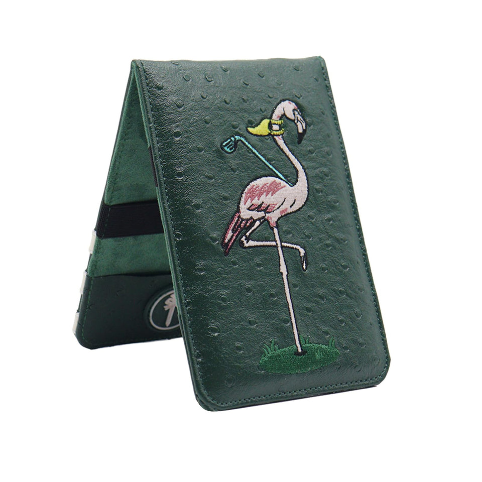 PINKTEE leather scorecard holder close-up reveals premium texture and embroidery detail.