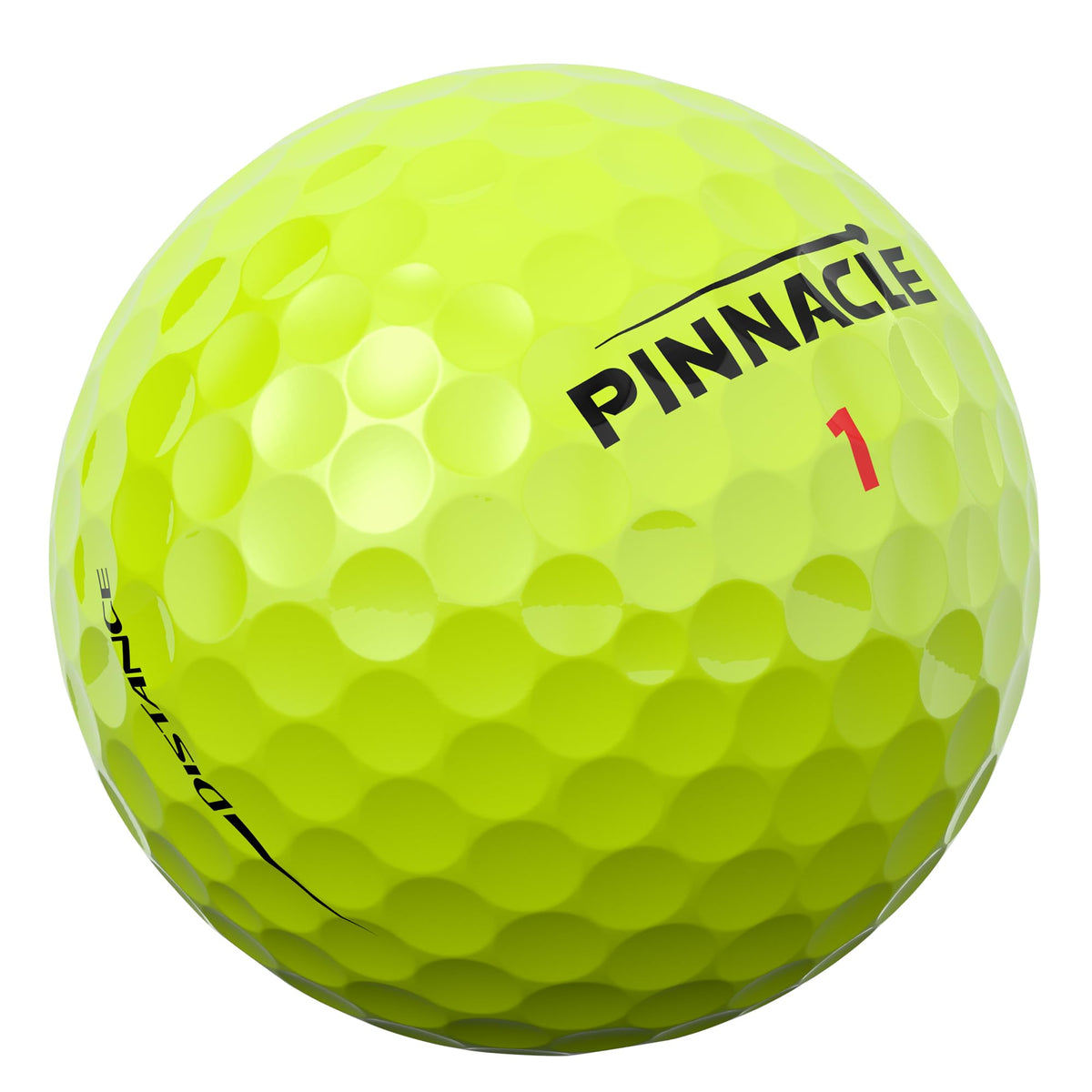 Pinnacle Distance Yellow 15-Ball close-up reveals the optimized dimple pattern.