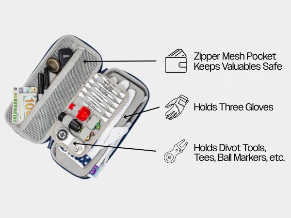 Pins & Aces multi-compartment storage holds tees and markers for quick access