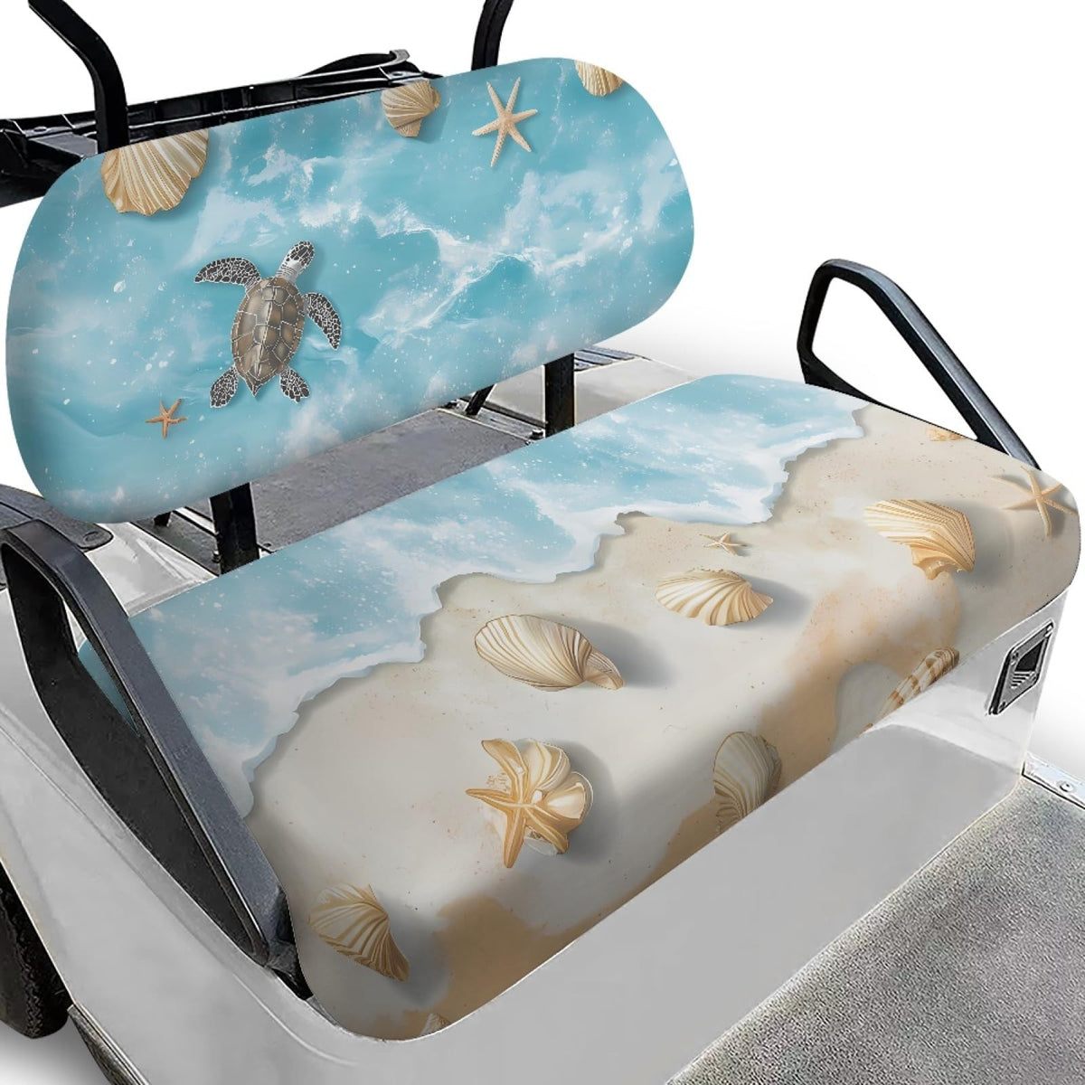 Pirexcny Turtle Shell front seat cover on EZGO cart provides snug, non-slip protection.