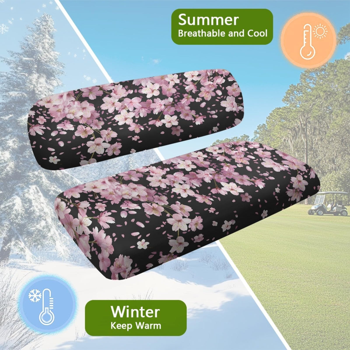 Pirexcny two person golf cart seat set keeps riders dry and comfortable.