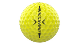 Piss Missile yellow ball on fairway improves visibility for line accuracy.