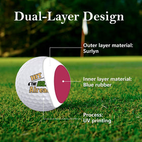 PIUFAM golf balls with humorous graphics, close-up of playful designs