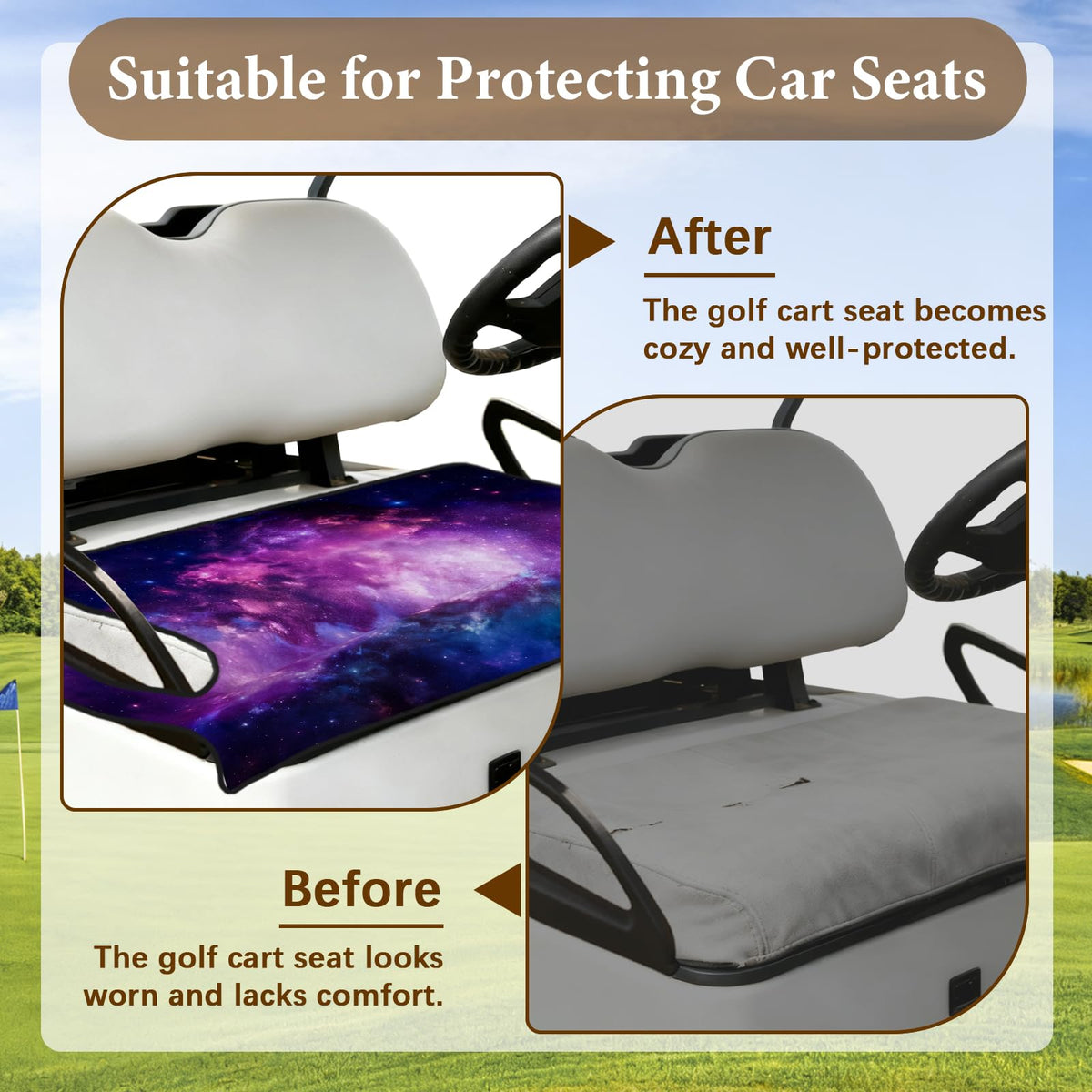 Purple Sky PIUFAM seat cover adds vibrant color to the golf cart