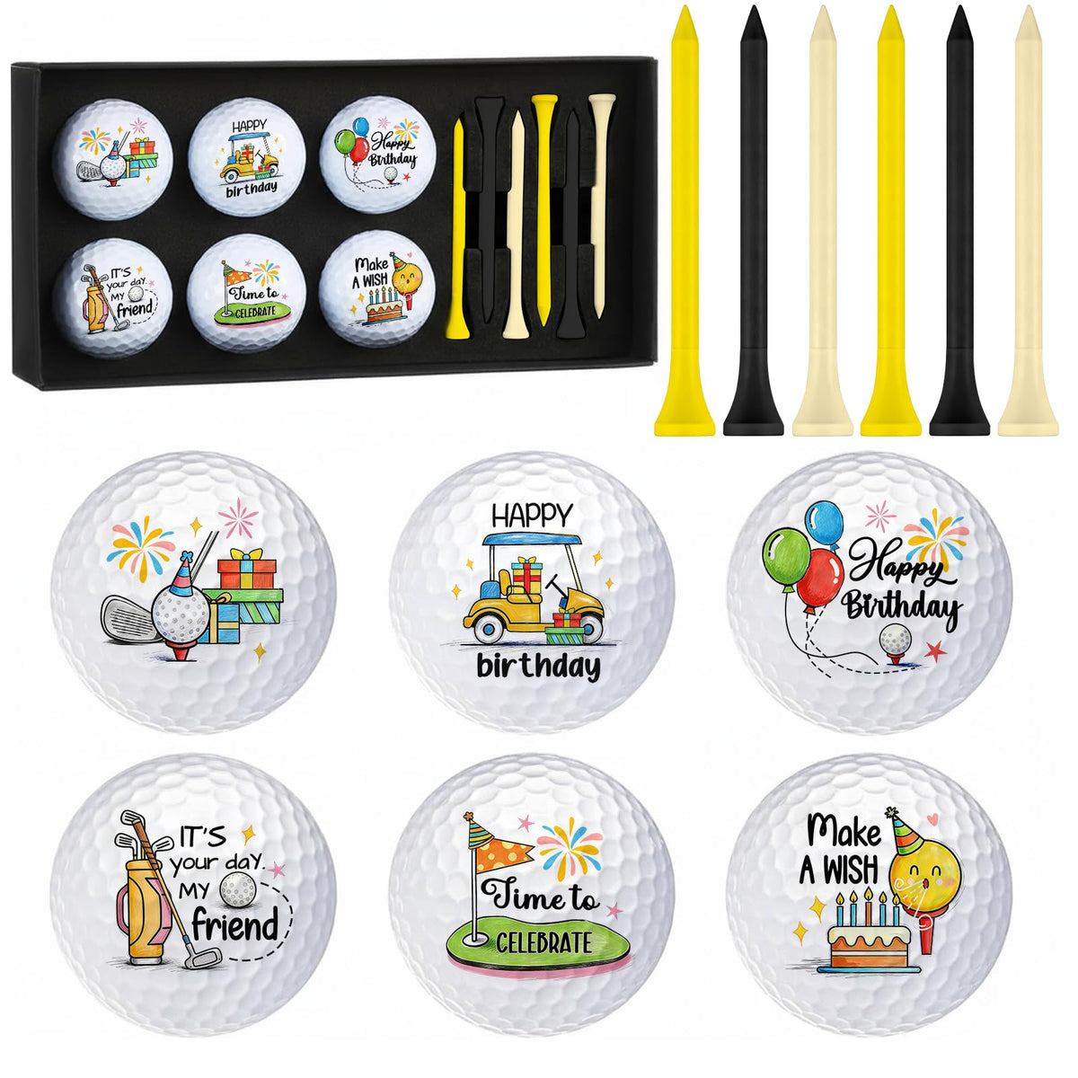 PIUFAM Happy Birthday golf balls set with gift box, ideal for gifting to golfers