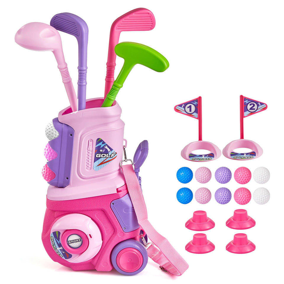 PJG Toddler Golf Set pink cart shown for easy transport and backyard play.