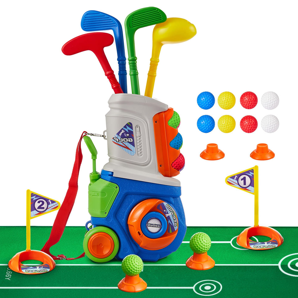PJG Toddler Golf Set cart with retractable handle for easy outdoor transport.