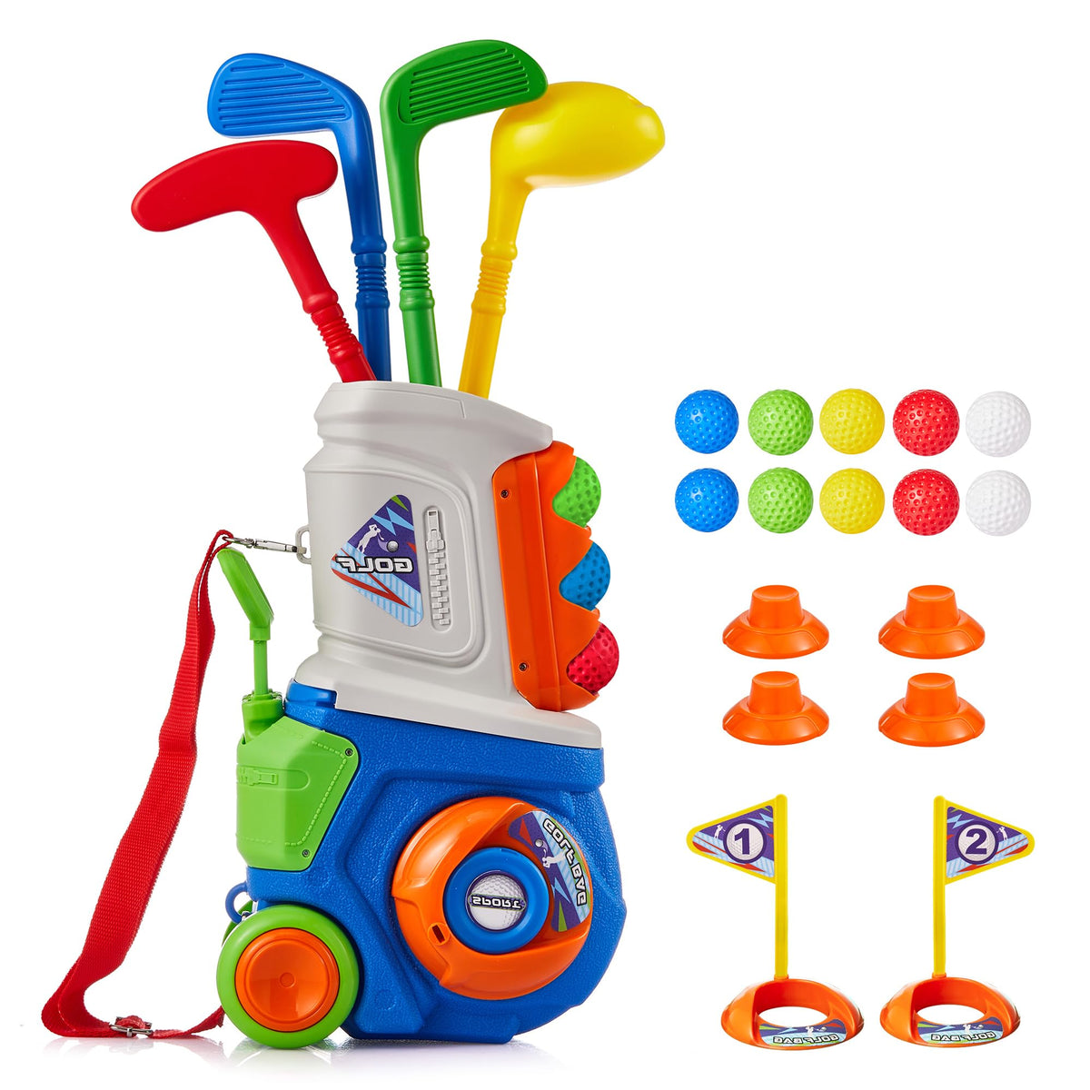 PJG Toddler Golf Set cart with retractable handle enhances portability and storage.