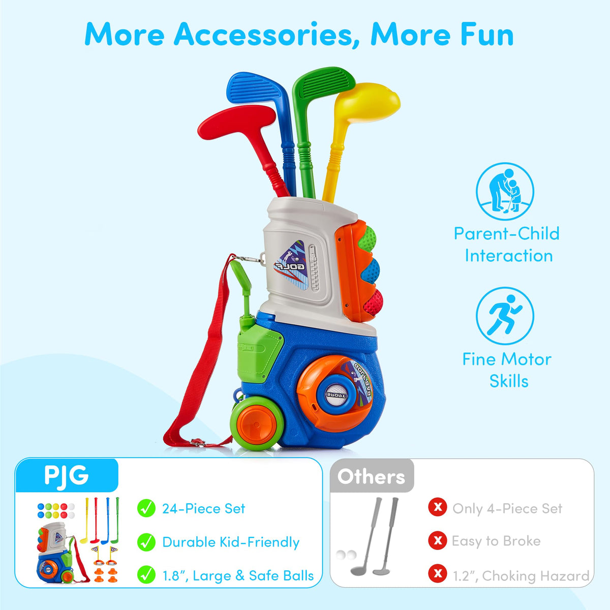 PJG Toddler Golf Set clubs highlight safe design for tiny hands and beginner play.