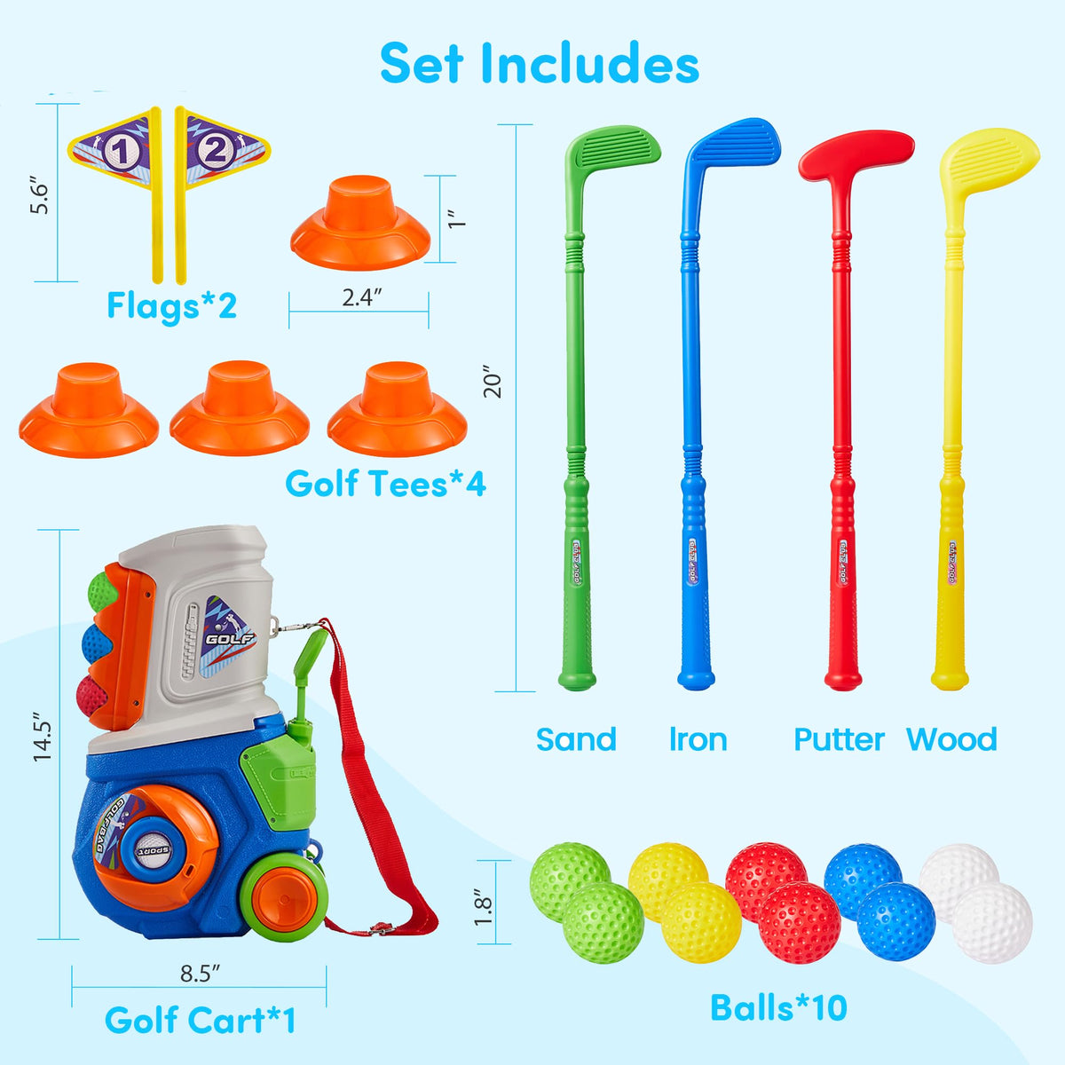 PJG storage-friendly golf set image highlighting organized accessories for kids