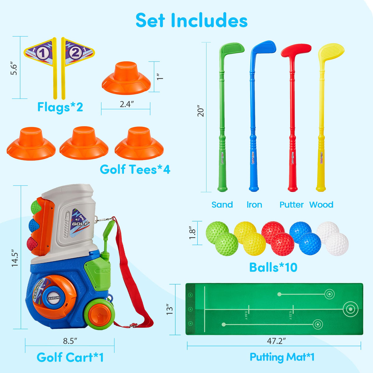 PJG Toddler Golf Set tees and storage keep accessories organized.