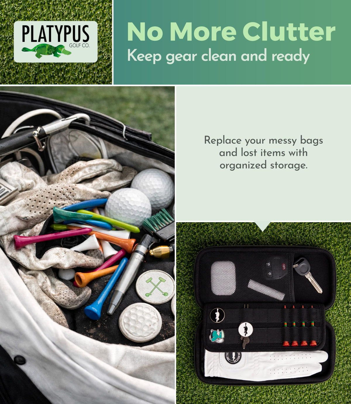 Platypus Golf Co. case attached to golf bag for on-course convenience.
