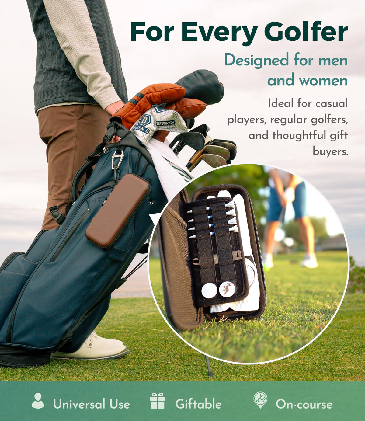 Platypus Golf Co. storage slots keep tees, markers, and tools organized.