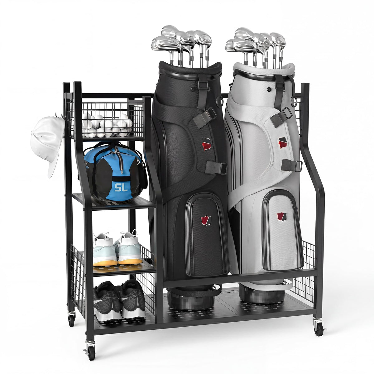 PLKOW golf bag storage stand front view keeps bags organized and accessible.