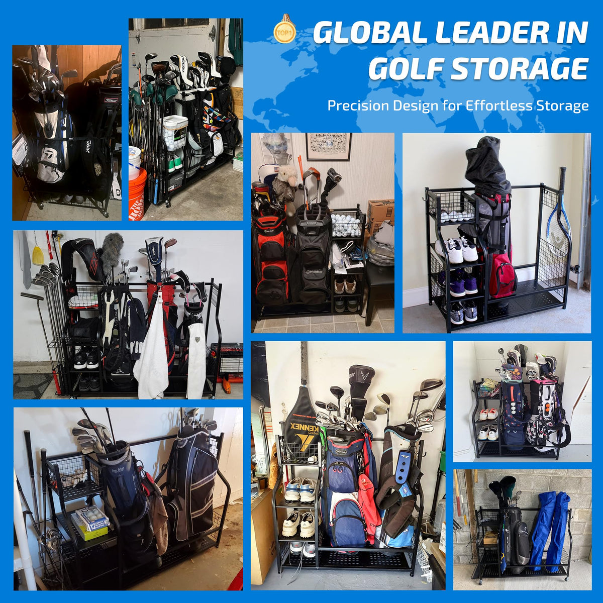 PLKOW golf bag storage stand side view shows shelves for quick access.