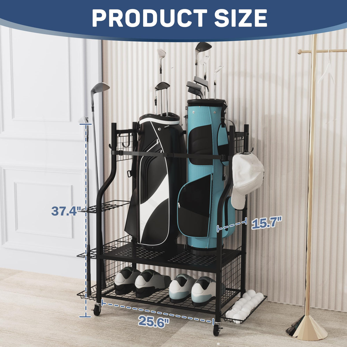 PLKOW golf storage rack compact dimensions illustrated, ideal for garages and storage rooms