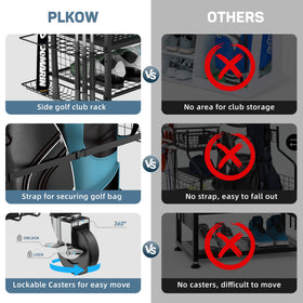 PLKOW golf storage rack with lockable wheels shown, enabling easy repositioning and secure parking