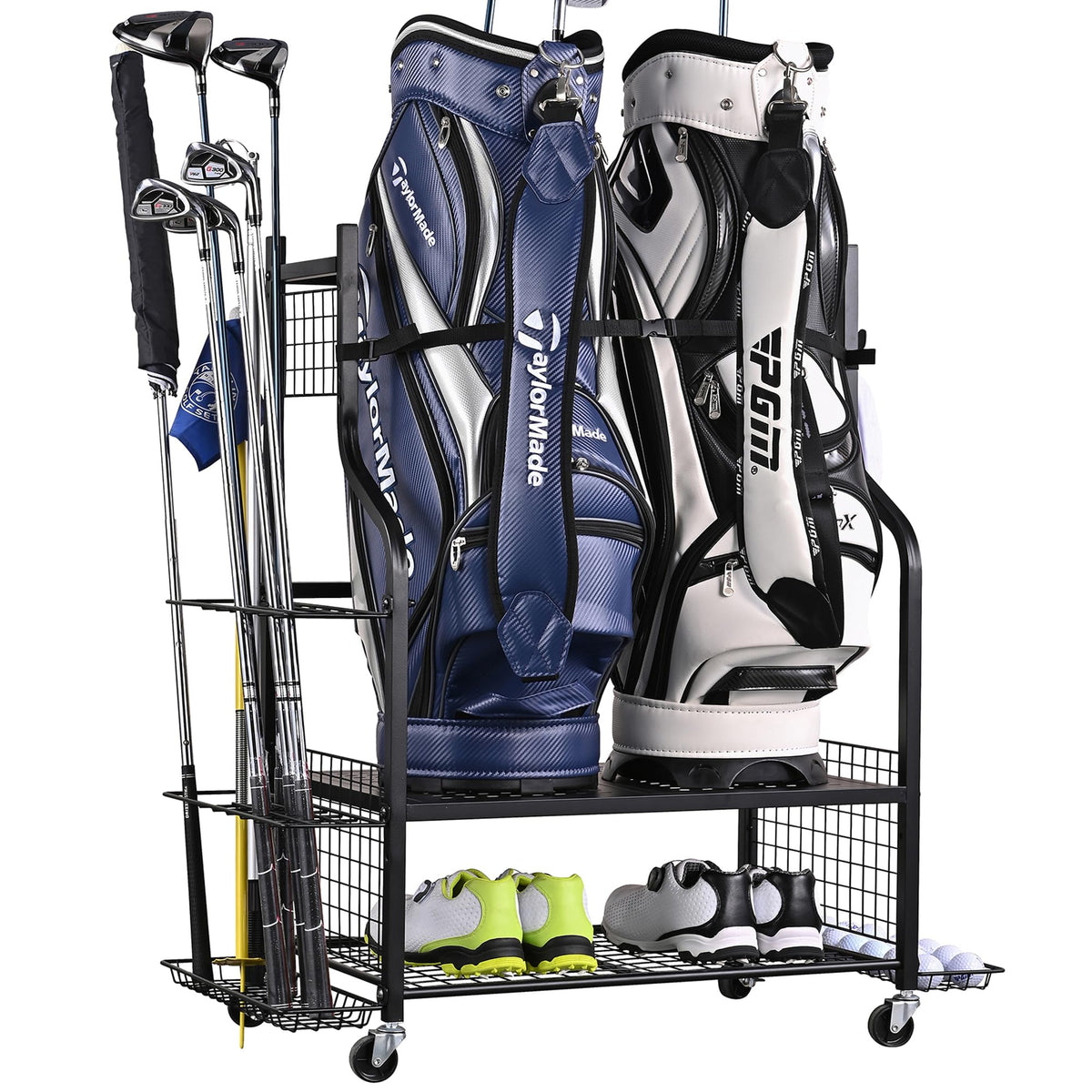 PLKOW golf storage rack in angle view showing organized two-bag capacity for easy access