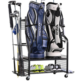 PLKOW golf storage rack in angle view showing organized two-bag capacity for easy access