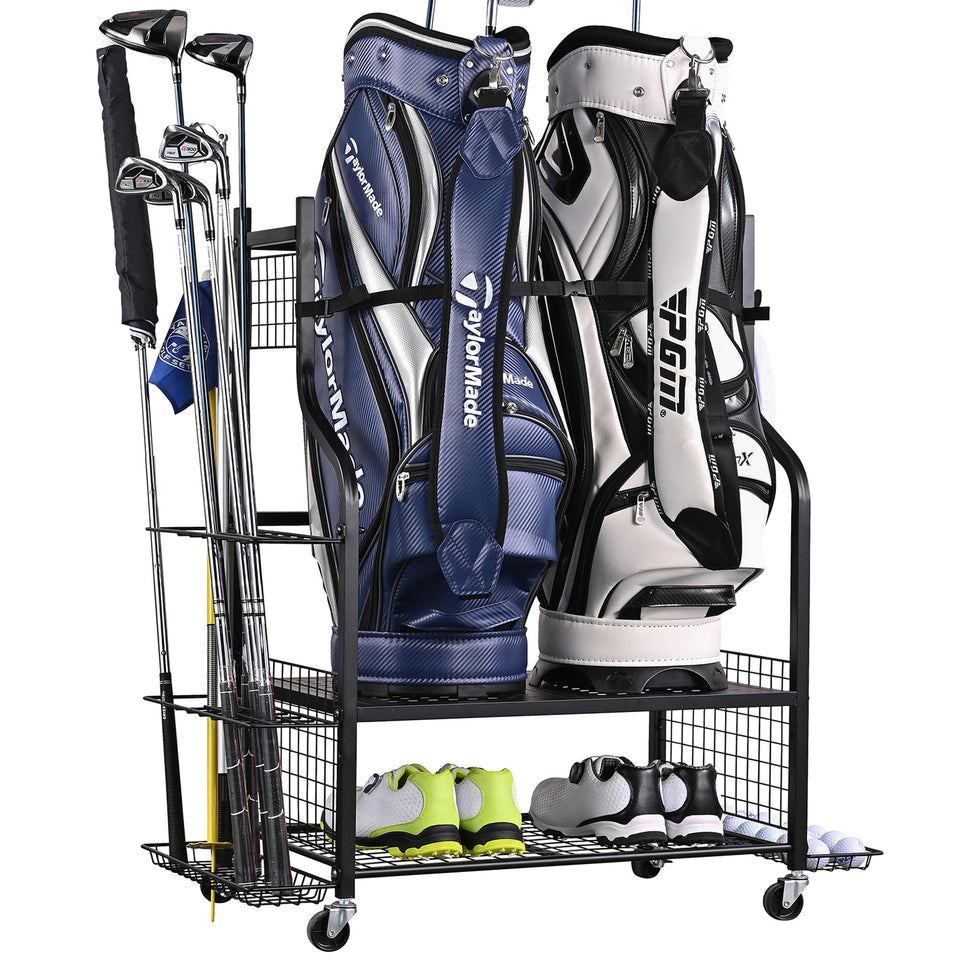PLKOW golf storage rack in angle view showing organized two-bag capacity for easy access