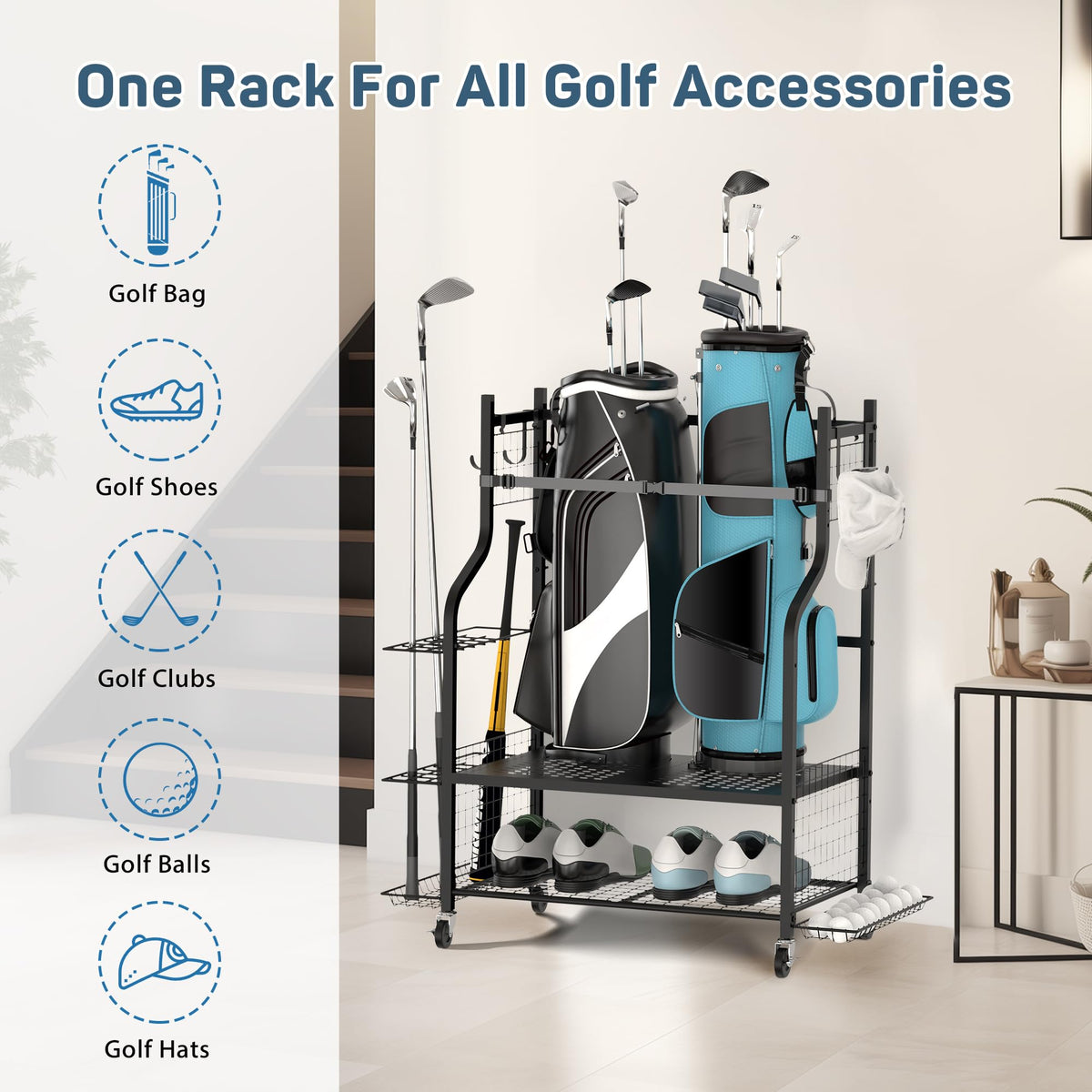 PLKOW golf storage rack side club rack featured, accommodating up to 18 clubs