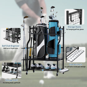 PLKOW golf storage rack with two bags, ready for garage use and keep gear neat