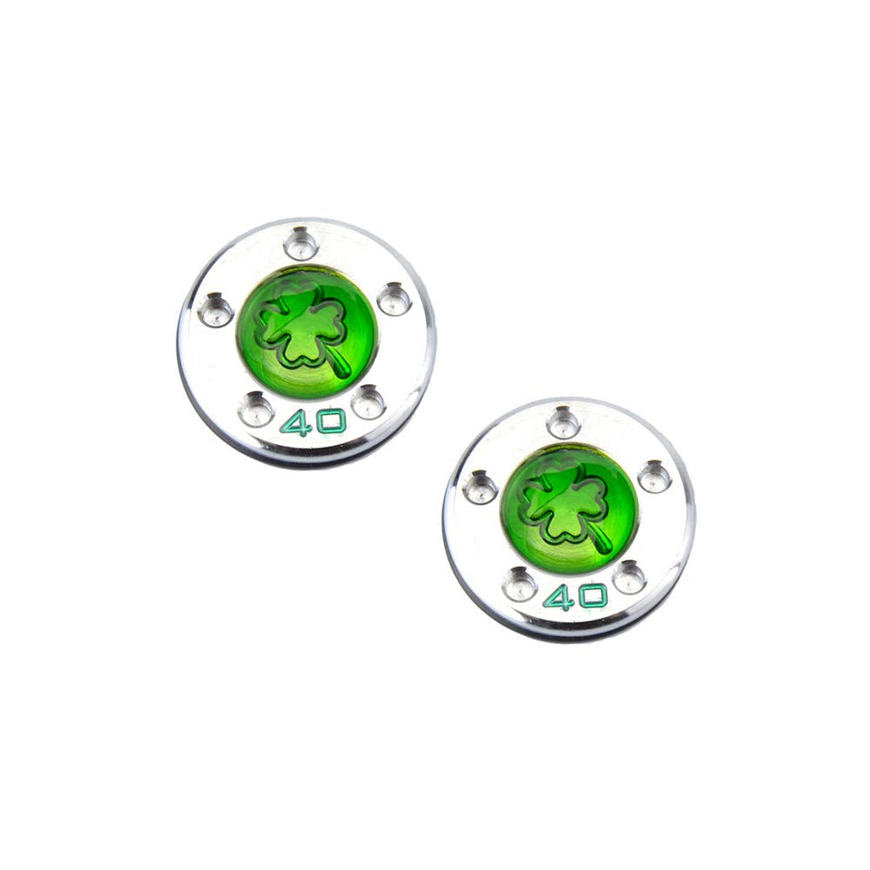 Plusker golf putter weights in green clover pattern, compatible with Newport Series clubs, enhances balance.
