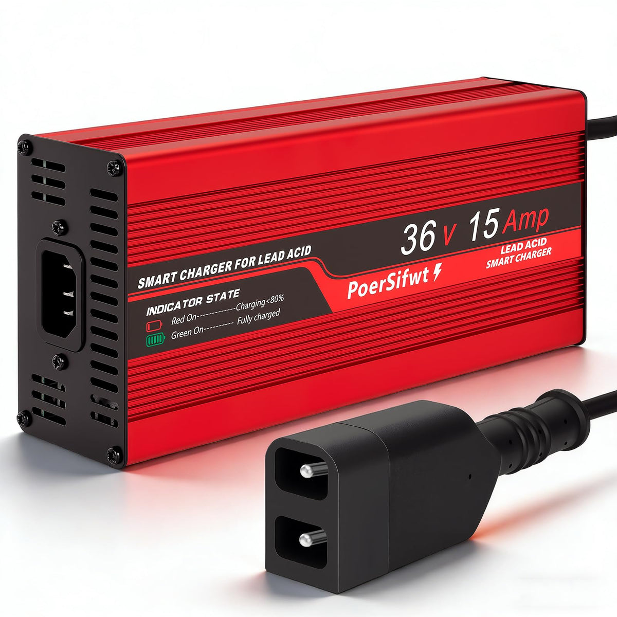 PoerSifwt 36V charger front view, compact and rugged for EZGO TXT daily use.