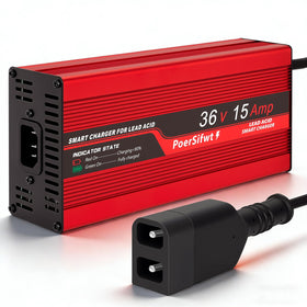 PoerSifwt 36V charger front view, compact and rugged for EZGO TXT daily use.