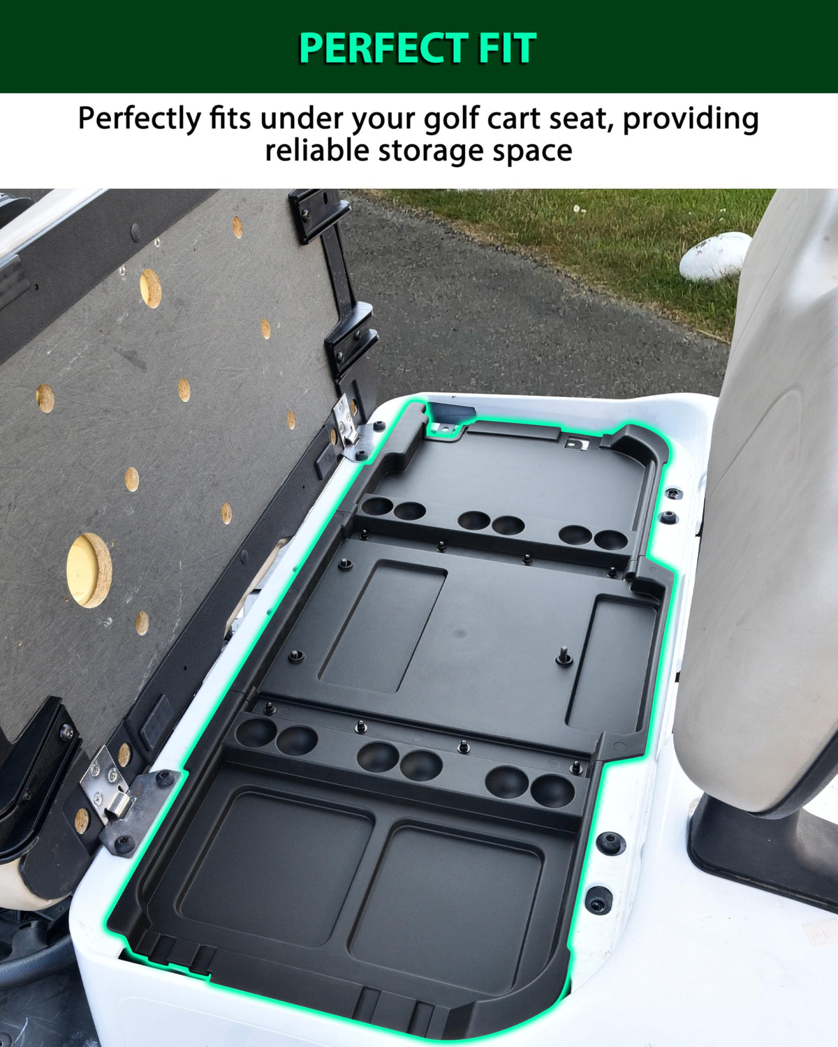 EZGO RXV Valor under-seat tray ready for organization and quick access.