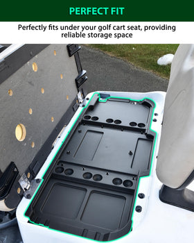 EZGO RXV Valor under-seat tray ready for organization and quick access.