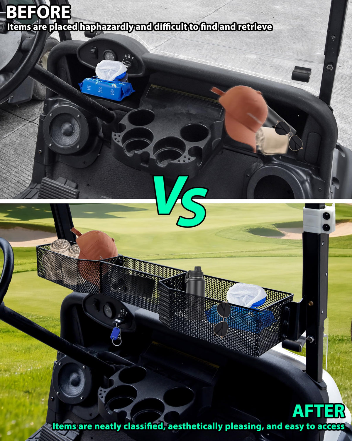 POKIAUTO front dash storage basket with three compartments for clutter-free essentials.